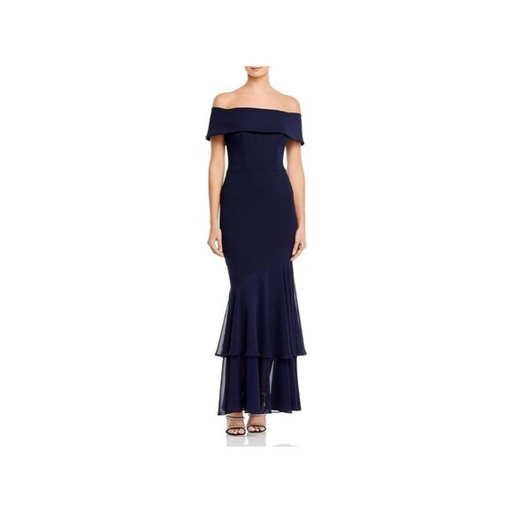 AQUA FORMAL Womens Navy Zippered Sheer Layered Off Shoulder Mermaid Size 10 - Picture 1 of 11